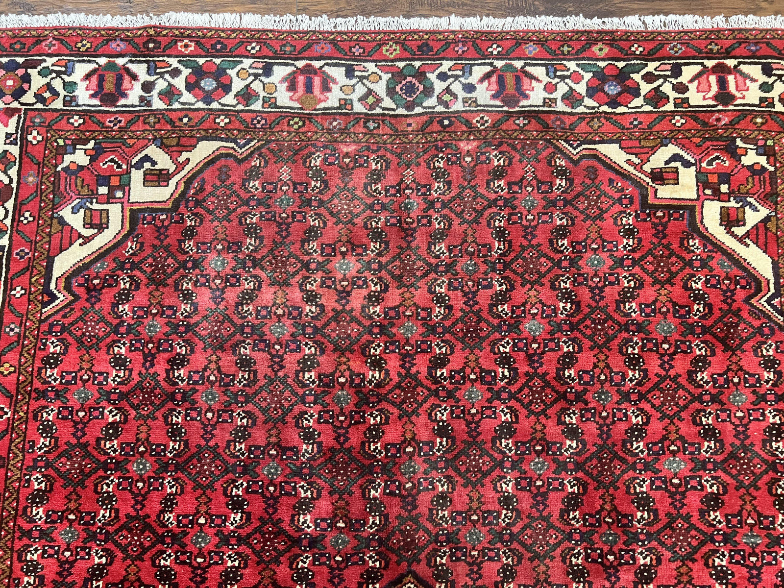 Persian Tribal Rug 7x10, Wool Handmade Semi Antique Vintage Hamadan Dargazine Carpet, Red & Ivory Allover Floral Medallion Rug, 7 x 10 Room Sized Oriental Rug
