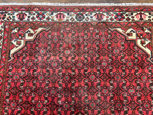 Persian Tribal Rug 7x10, Wool Handmade Semi Antique Vintage Hamadan Dargazine Carpet, Red & Ivory Allover Floral Medallion Rug, 7 x 10 Room Sized Oriental Rug