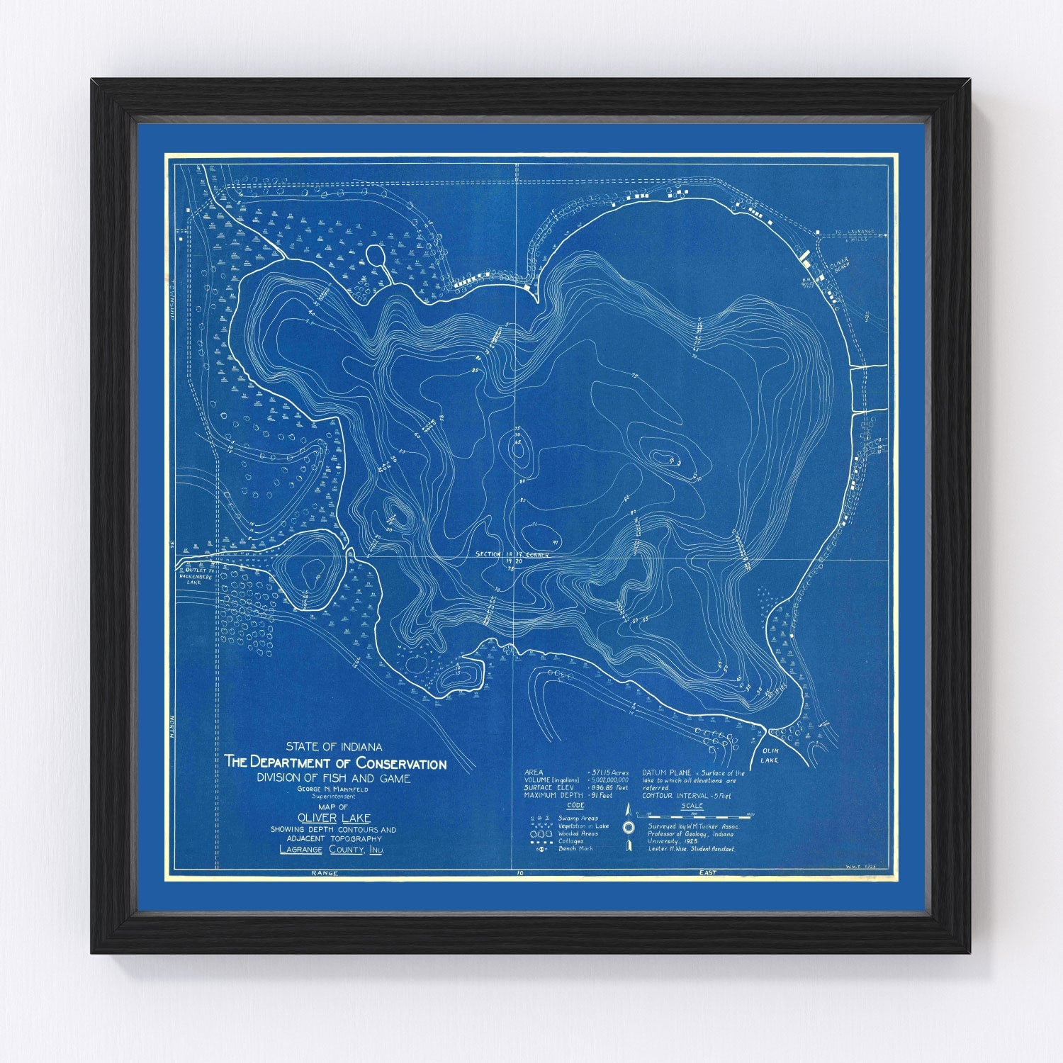 Vintage Oliver Lake, IN Map 1925
