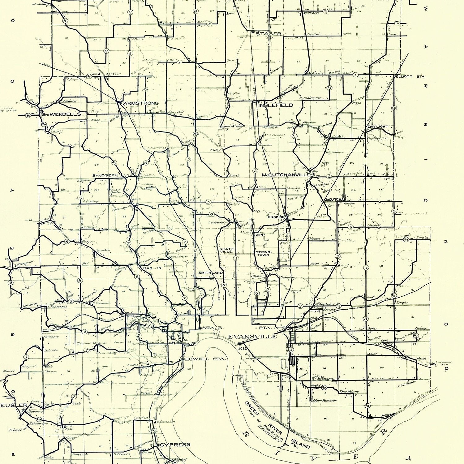 Vintage Map of Vanderburgh County, Indiana 1908