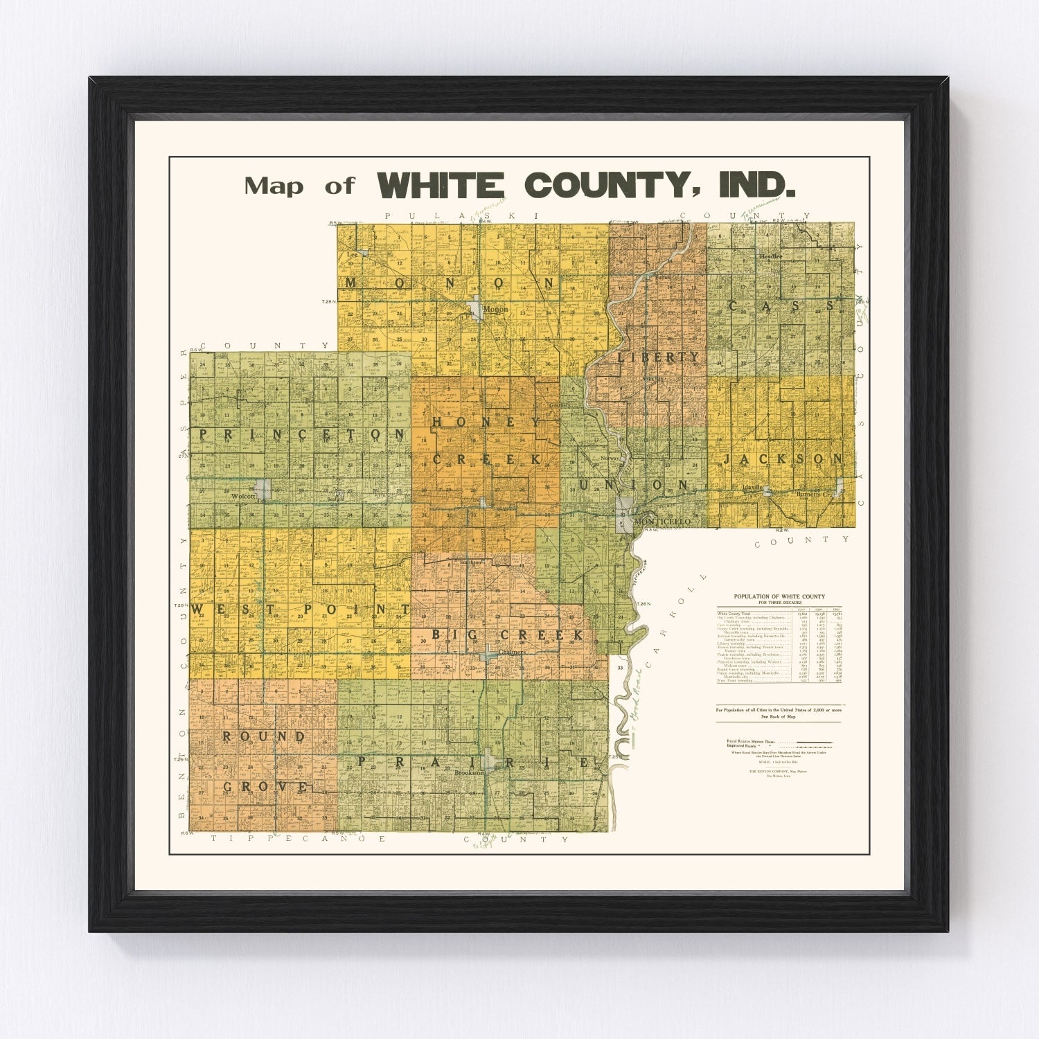 Vintage Map of White County, Indiana 1910