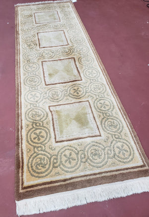 Vintage Tibetan Runner Rug 2.6 x 7.9 ft, Wool Hand-Knotted Nepali Carpet, Cream & Brown Tibetan Hallway Rug, Corridor Rug 2.5x7 - 3x8, Soft
