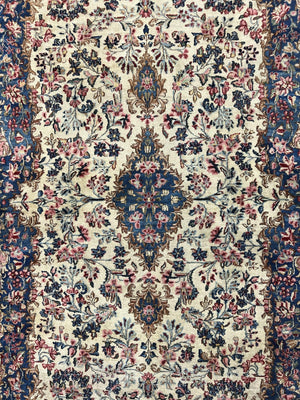 Antique Persian Kirman Rug 4x7, Cream and Navy Blue, Hand Knotted Wool Floral Carpet