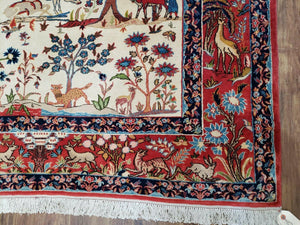 Antique Persian Isfahan Rug 5x7, Animal and Human Pictorials, Hand Knotted Fine Oriental Wool Carpet, Cream and Red, High KPSI, Vintage Rug 5 x 7 ft