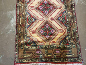Small Persian Rug 2x3, Hand Knotted Handmade Wool Tribal Geometric Medallion Hamadan Carpet 2 x 3 ft Cream Red Camel Hair Color, Tiny Vintage Carpet