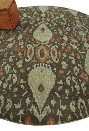 10x10 Round Fine Hand Knotted Green, Rust and Olive Traditional Vintage Persian Style Antique Wool Rug | AGR47