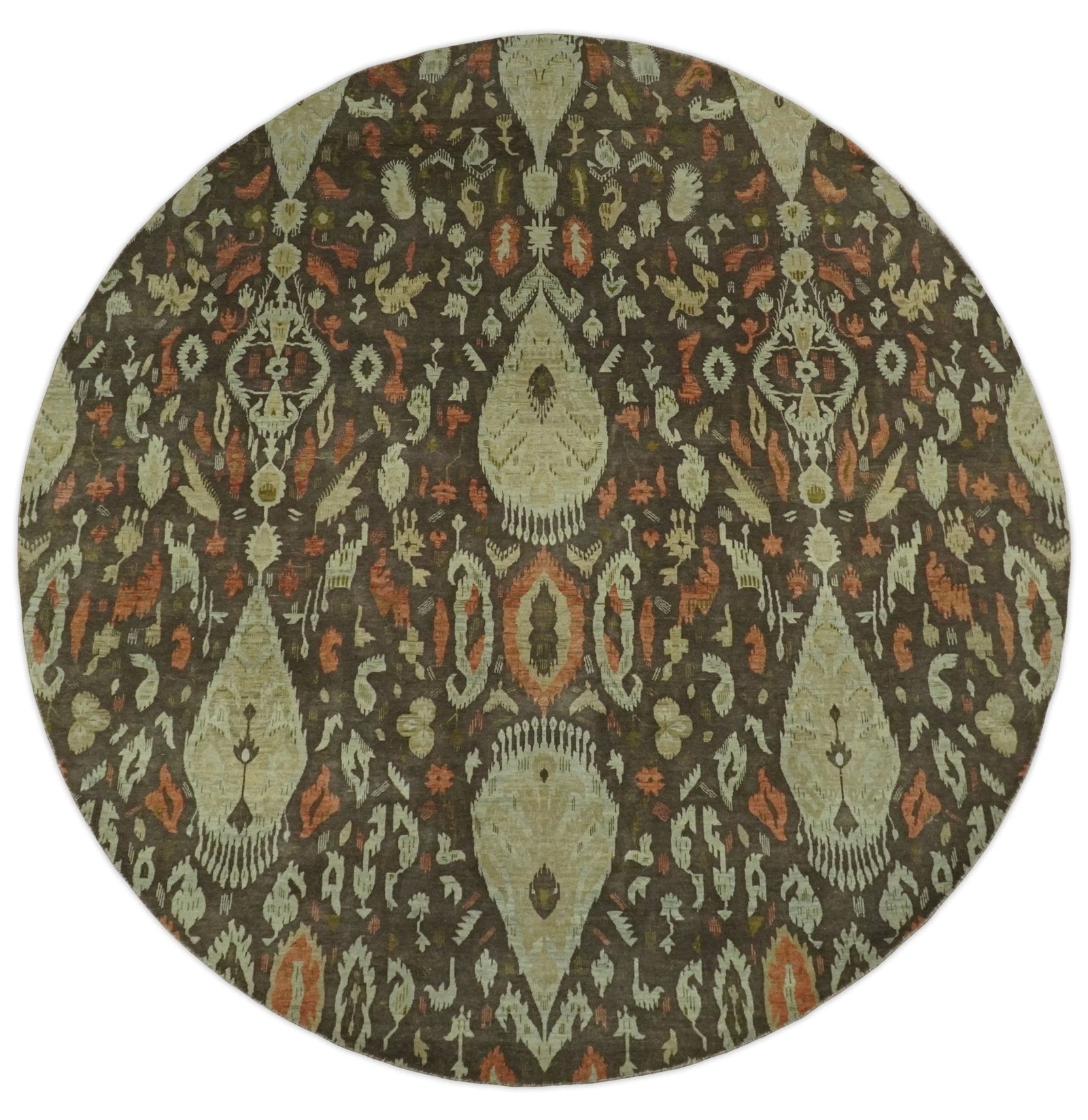 10x10 Round Fine Hand Knotted Green, Rust and Olive Traditional Vintage Persian Style Antique Wool Rug | AGR47
