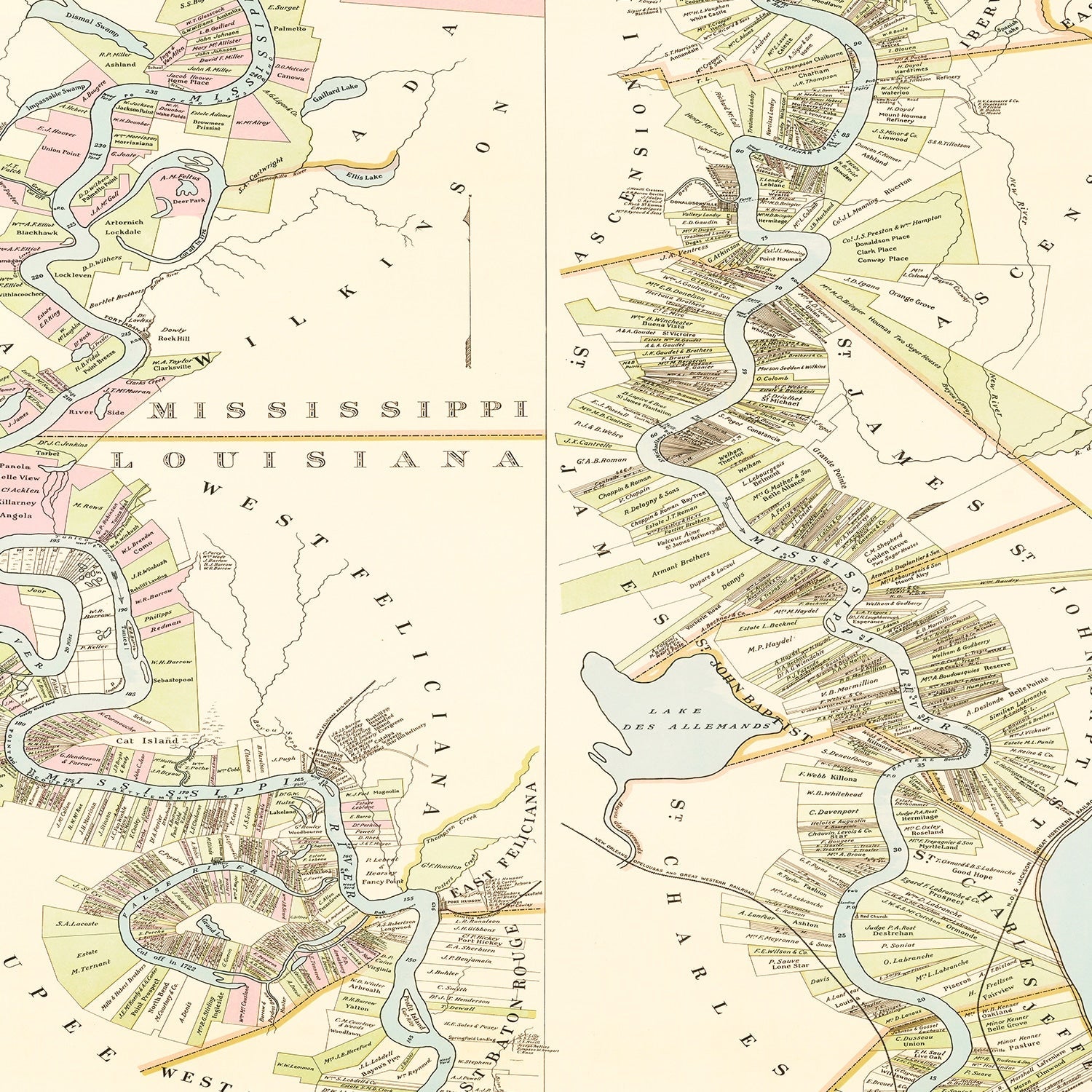 Vintage Plantations on the Mississippi River Map 1858