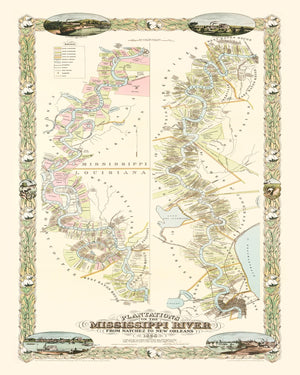 Vintage Plantations on the Mississippi River Map 1858