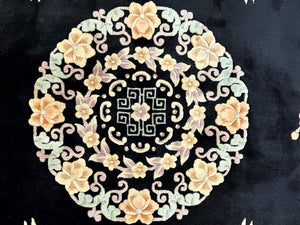Chinese Wool Rug 9x12, Chinese Carving Carpet, Floral Medallion, Black and Beige, Butterflies, Vintage Asian Oriental Rug, 90 Line Rug