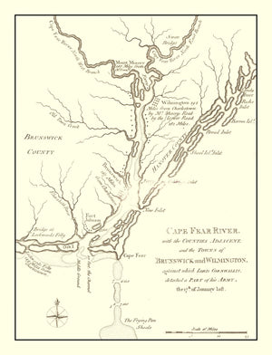 Vintage Cape Fear River Map, North Carolina 1781