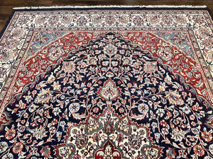 Indo Persian Rug 10x15, Floral Allover, Handmade Vintage Wool Carpet, Dark Blue Ivory Red, Palace Size Traditional Rug
