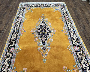 Vintage Persian Kirman Rug 4x7, Unique Colors, Mustard and Black Rug, Open Field with Central Medallion, Wool Oriental Rug, Persian Carpet Handmade