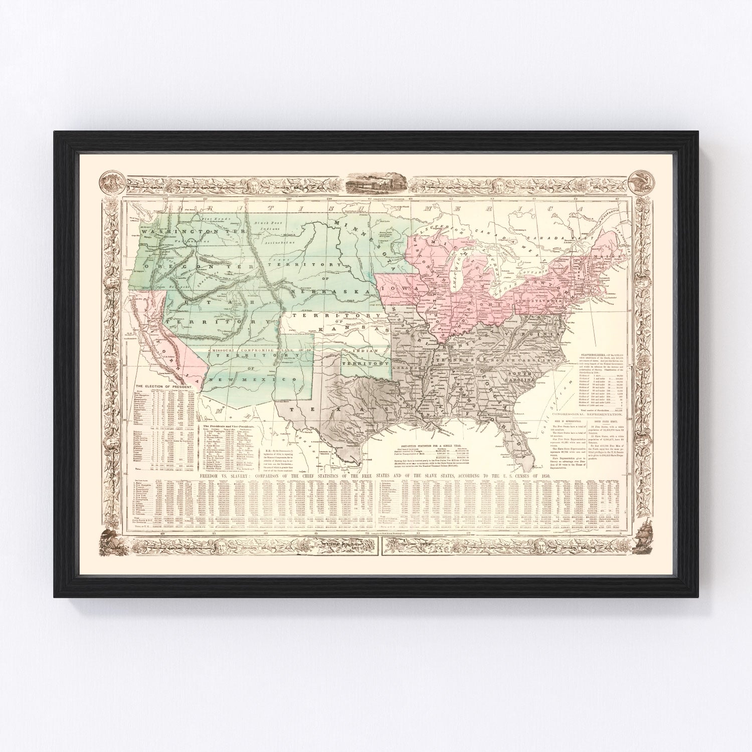 Vintage United States Map of the Slave States & Slavery 1856