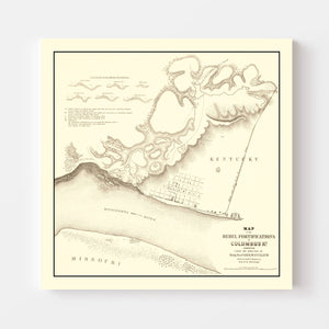 Vintage Rebel Fortifications at Columbus Kentucky Map 1862