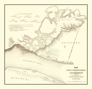 Vintage Rebel Fortifications at Columbus Kentucky Map 1862