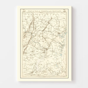 Vintage Seat of War in Virginia & Maryland Map 1863