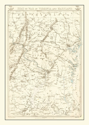 Vintage Seat of War in Virginia & Maryland Map 1863