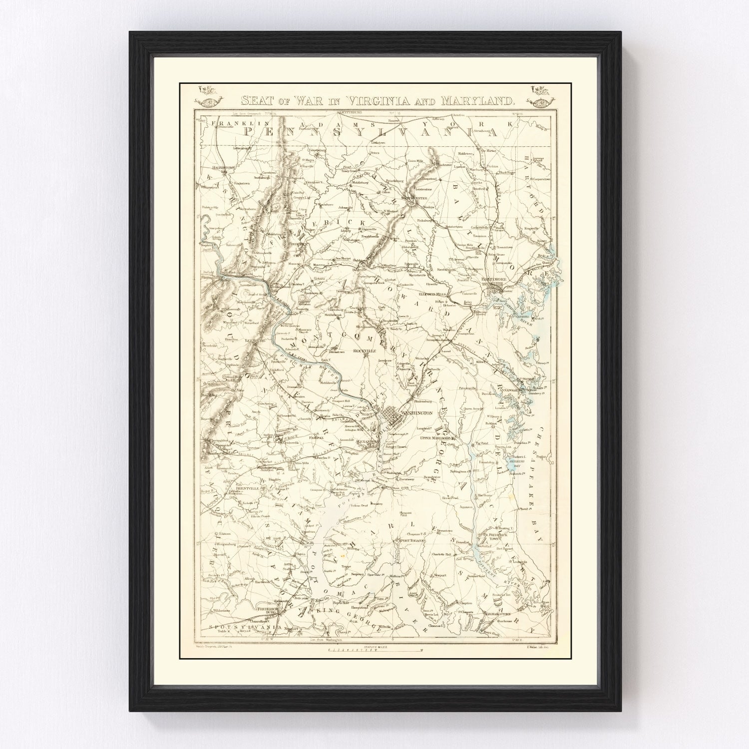 Vintage Seat of War in Virginia & Maryland Map 1863
