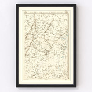 Vintage Seat of War in Virginia & Maryland Map 1863
