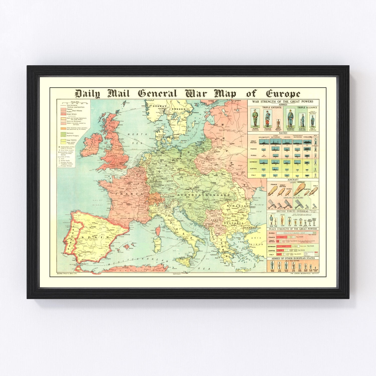 Vintage World War I Map of Europe 1914