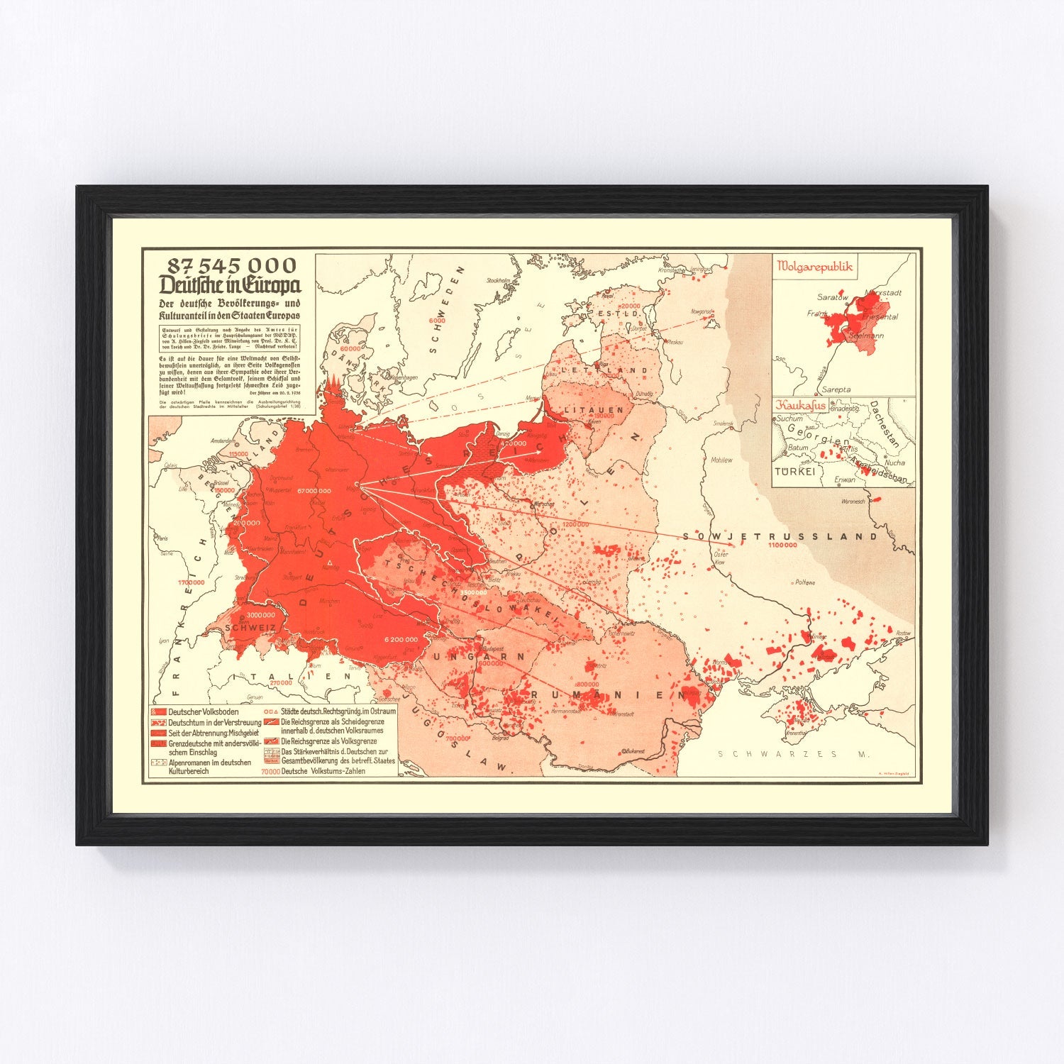 Vintage World War II Map of Germans in Europe 1938