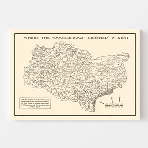 Vintage World War II Map of Doodle Bugs In Kent 1944