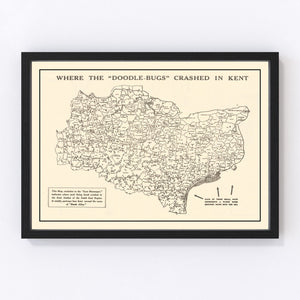 Vintage World War II Map of Doodle Bugs In Kent 1944