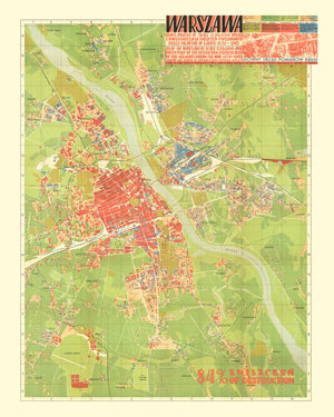 Vintage Map of Warsaw, Poland 1949