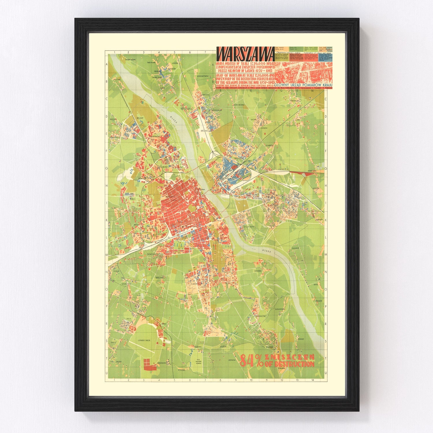 Vintage Map of Warsaw, Poland 1949