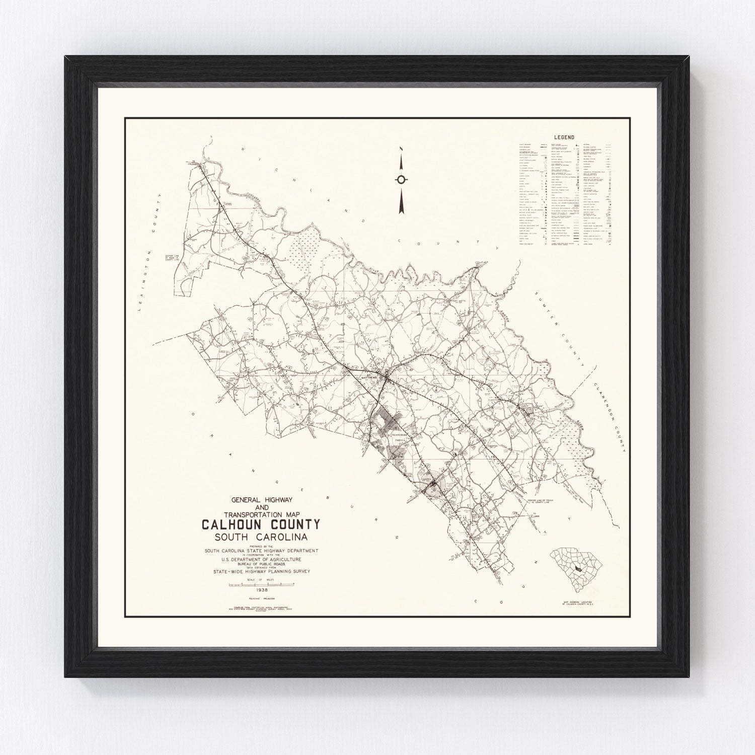 Vintage Map of Calhoun County, South Carolina 1938