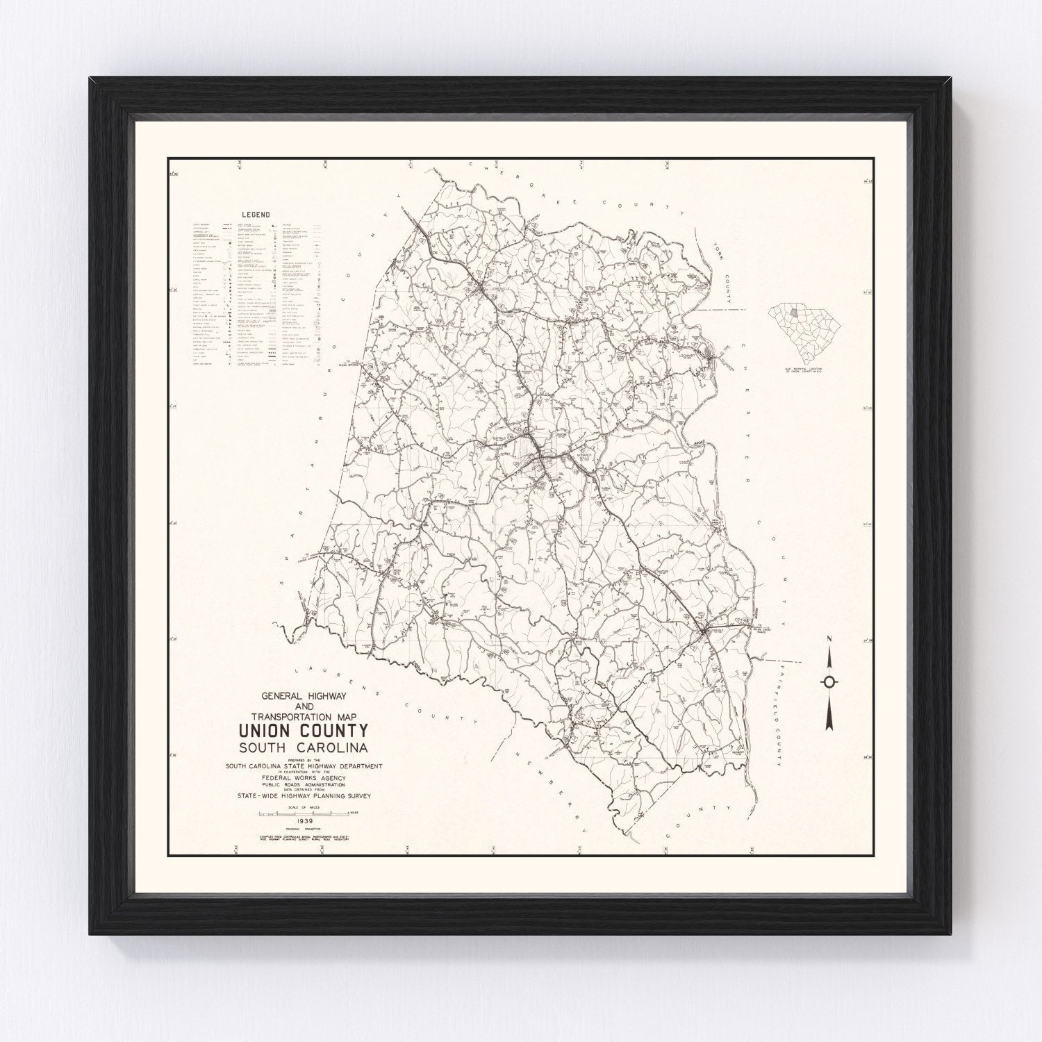 Vintage Map of Union County, South Carolina 1939