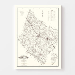 Vintage Map of Laurens County, South Carolina 1939
