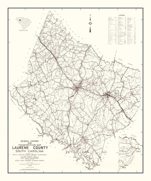Vintage Map of Laurens County, South Carolina 1939