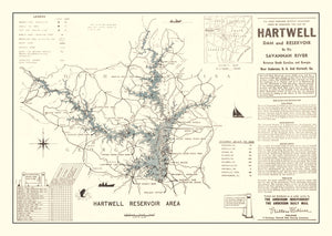 Vintage Hartwell Dam & Reservoir Map 1964
