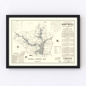 Vintage Hartwell Dam & Reservoir Map 1964