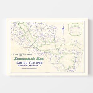 Vintage Fishermans Map of Santee Cooper Reservoir 1944