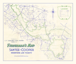 Vintage Fishermans Map of Santee Cooper Reservoir 1944