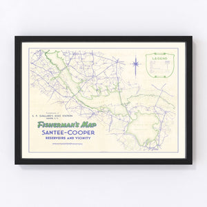Vintage Fishermans Map of Santee Cooper Reservoir 1944