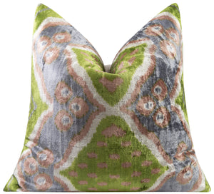 Handmade Velvet Throw Pillow - 20x20 Inches, Naturally Vegetable-Dyed, Premium Down Feather Insert - Green, Gray, and Beige Ikat Pattern, Luxury Home Decor Accent
