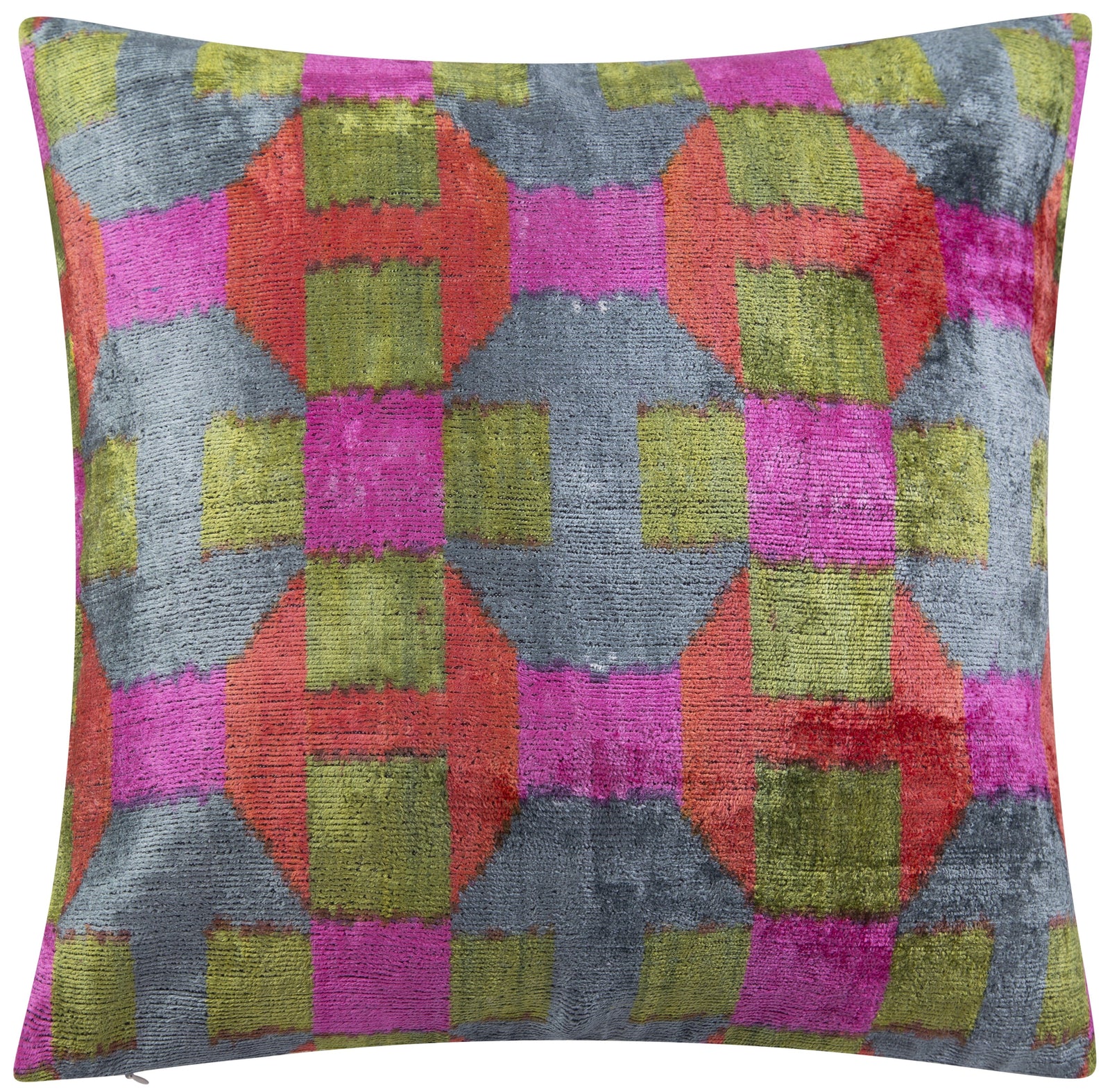 Handmade Velvet Throw Pillow - 16x16 Inches, Naturally Vegetable-Dyed, Premium Down Feather Insert - Multicolor Geometric Checkered Design, Luxury Home Decor Accent