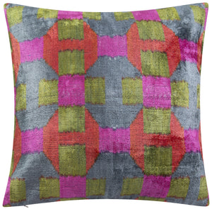 Handmade Velvet Throw Pillow - 16x16 Inches, Naturally Vegetable-Dyed, Premium Down Feather Insert - Multicolor Geometric Checkered Design, Luxury Home Decor Accent