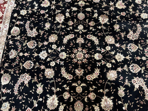 Sino Persian Rug 9x12, High Quality Oriental Carpet, Black and Maroon, Wool and Silk, Allover Floral Pattern, Hand Knotted, Vintage Rug Nice