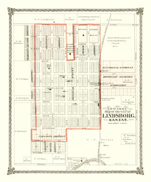 Vintage Map of Lindsborg, Kansas 1884