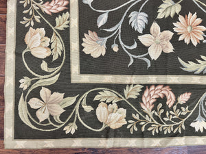 Large Needlepoint Rug 11x16, Dark Green Floral Elegant European Design Vintage Wool Handmade Carpet, Palace Size Rug