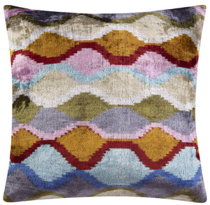 Handmade Velvet Throw Pillow - 16x16 Inches, Naturally Vegetable-Dyed, Premium Down Feather Insert - Multicolor Wave Pattern, Luxury Home Decor Accent