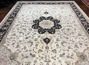 Sino Persian Rug 12x15, Ivory and Black, Floral Medallion Carpet, Large Palace Size Oriental Rug, Wool and Silk Highlights, Vintage Rug
