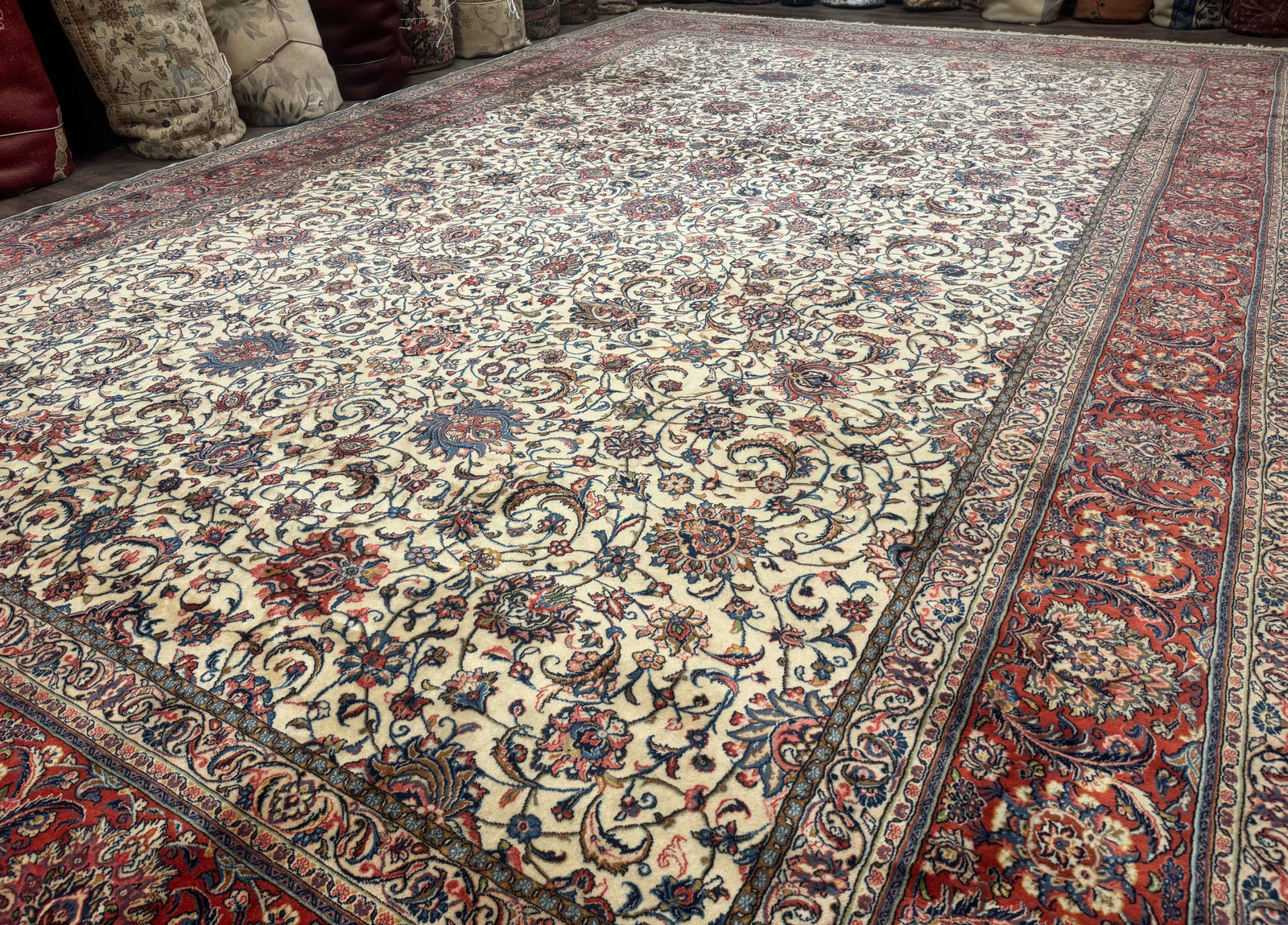 Ivory Persian Sarouk Rug 13x20, Palace Size Carpet, 225 KPSI, Traditional Wool Handmade Vintage Extra Large Rug 13 x 20 ft, Allover Pattern,