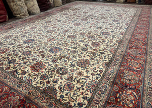 Ivory Persian Sarouk Rug 13x20, Palace Size Carpet, 225 KPSI, Traditional Wool Handmade Vintage Extra Large Rug 13 x 20 ft, Allover Pattern,