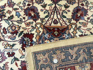 Persian Mashad Rug 10x16, Palace Size Handmade Wool Carpet, Cream Red, Floral Medallion, Vintage